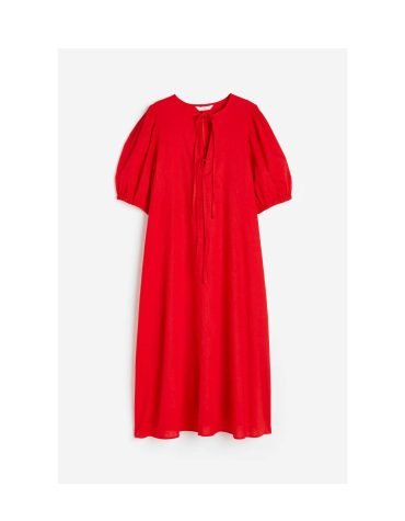 H&M -Tie Detail Linen Blend Dress Red