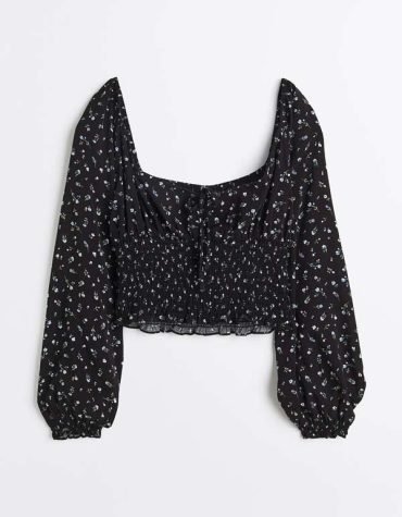 H&M -Smocked blouse Black/Small flowers