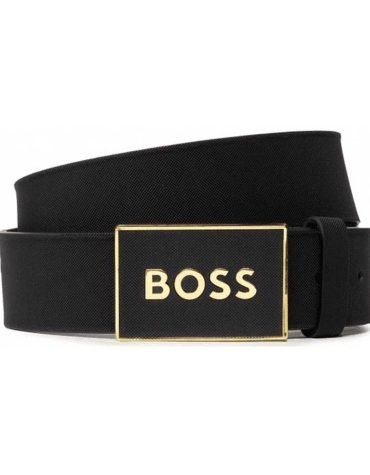 Original HUGO BOSS -GOLD PLAQUE BUCKLE LEATHER BLACK BELT