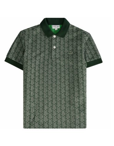 Original -LACOSTE -Classic Fit Monogram Print Contrast Collar Polo Shirt - Vert
