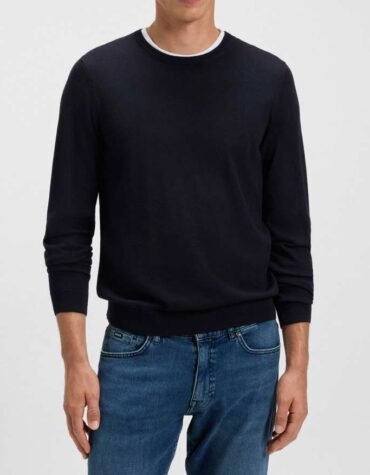 Original Hugo BOSS-Slim fit sweater Dark Blue in merino wool